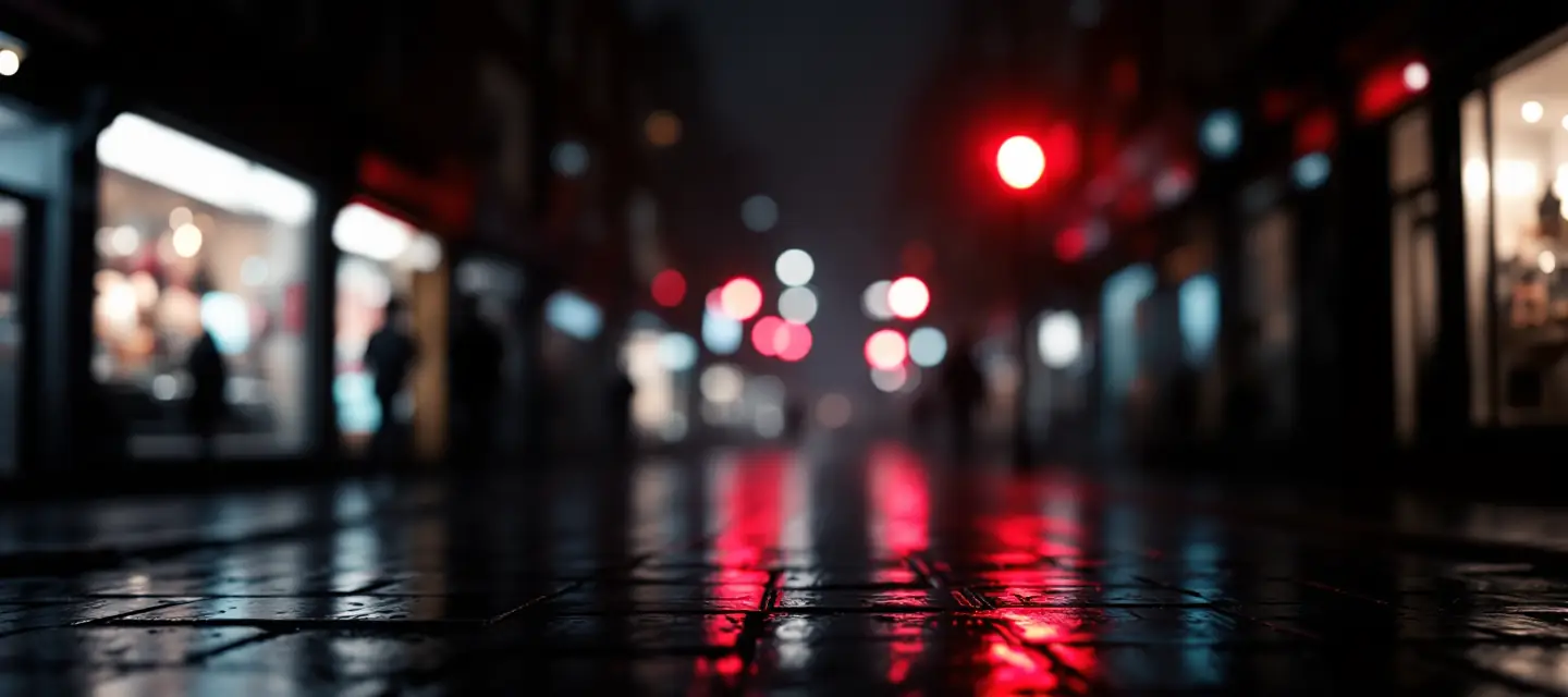 A wet high street at night, shop windows lit along both sides